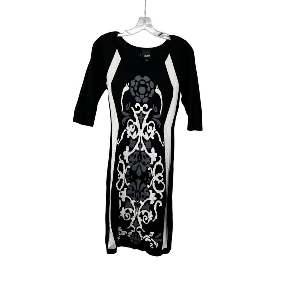Melrose Womens Bodycon Sweater Dress 3/4 Sleeve Black/Multi Print Size Small